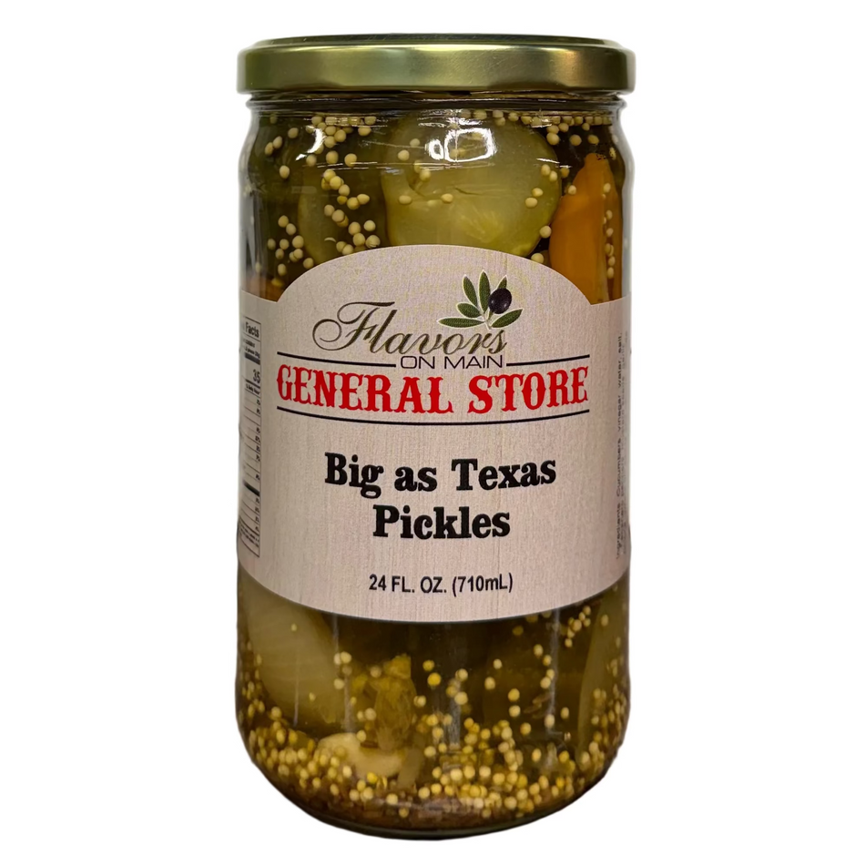 Jar of 'Big as Texas Pickles' from Flavors General Store on a white background