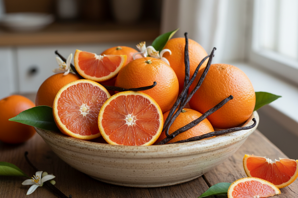 cara cara oranges and fresh vanilla in a bowl